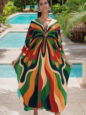 Women’s Multicolor V-Neck Kaftan Cover-Up